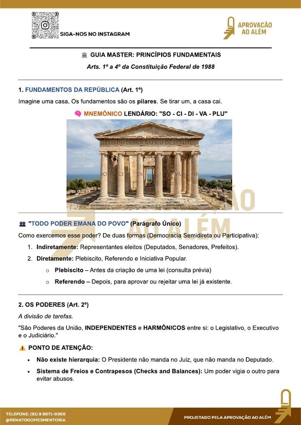 Amostra do resumo de Direito Constitucional — Fundamentos da República — SO-CI-DI-VA-PLU