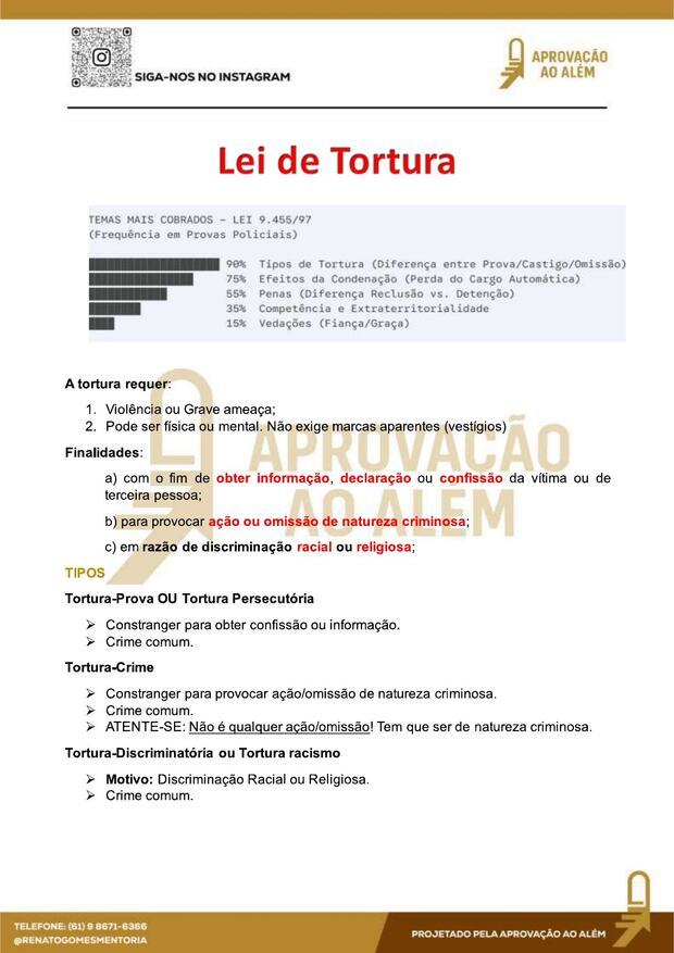 Amostra do resumo de Legislação Extravagante — Lei de Tortura — o que mais cai